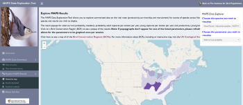 Screenshot of the Institute for Bird Populations MAPS Explorer Tool, showing a map of North America with Wood Thrush adult survival probability.